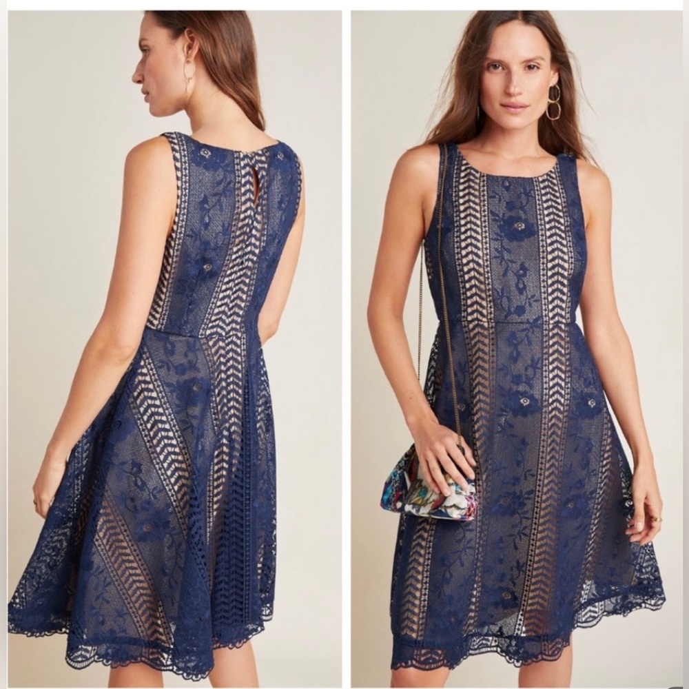 Anthropologie Georgia Navy & Gold Eyelet Lacelet Mini Flare Dress